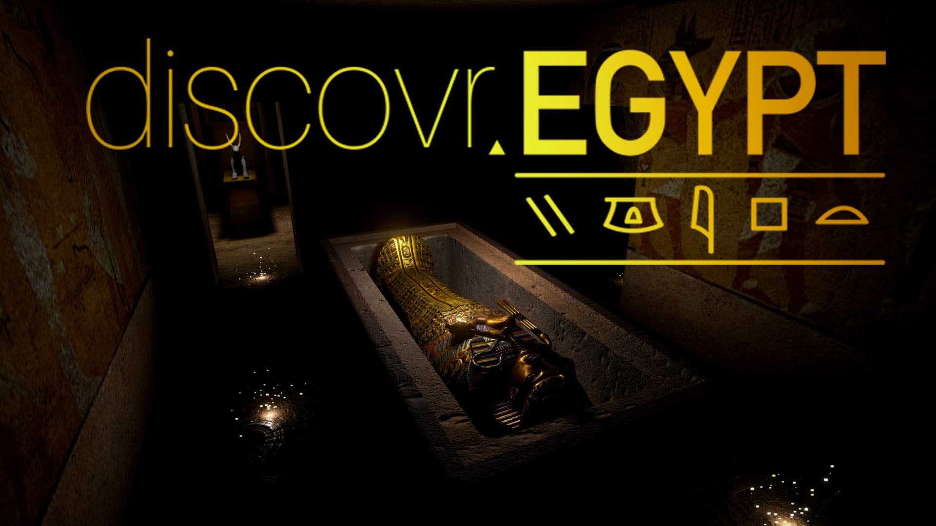 Title art for Discovr Egypt: King Tut's Tomb — the logo in gold over the sarcophagus chamber, underlined by a row of hieroglyphs