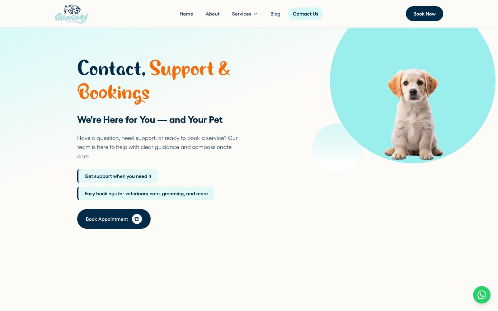 GroomyPet 'Contact, Support & Bookings' page: the headline 'We're Here for You — and Your Pet' beside a puppy in a teal circle, with a Book Appointment button