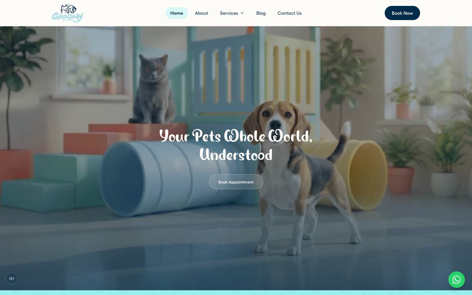 GroomyPet homepage hero: a video still of a cat and a beagle in a pastel pet play area under the headline 'Your Pets Whole World, Understood', with a Book Appointment button