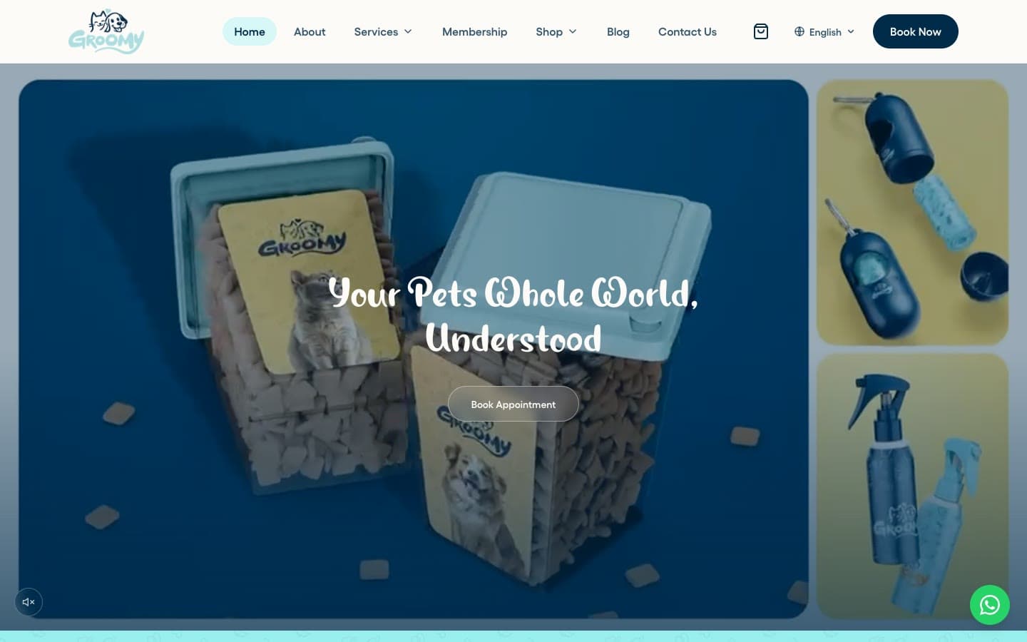GroomyPet homepage hero: Groomy-branded pet-treat jars and grooming products under the headline 'Your Pets Whole World, Understood'