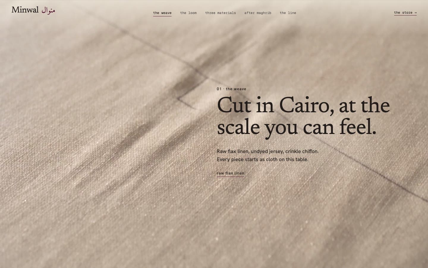 The Minwal site on desktop: a close-up of raw linen under the headline 'Cut in Cairo, at the scale you can feel.'