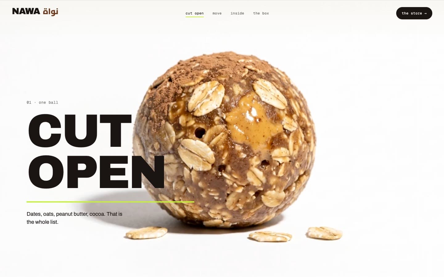 The Nawa site on desktop: a date-and-oat energy ball on white under the headline 'CUT OPEN'