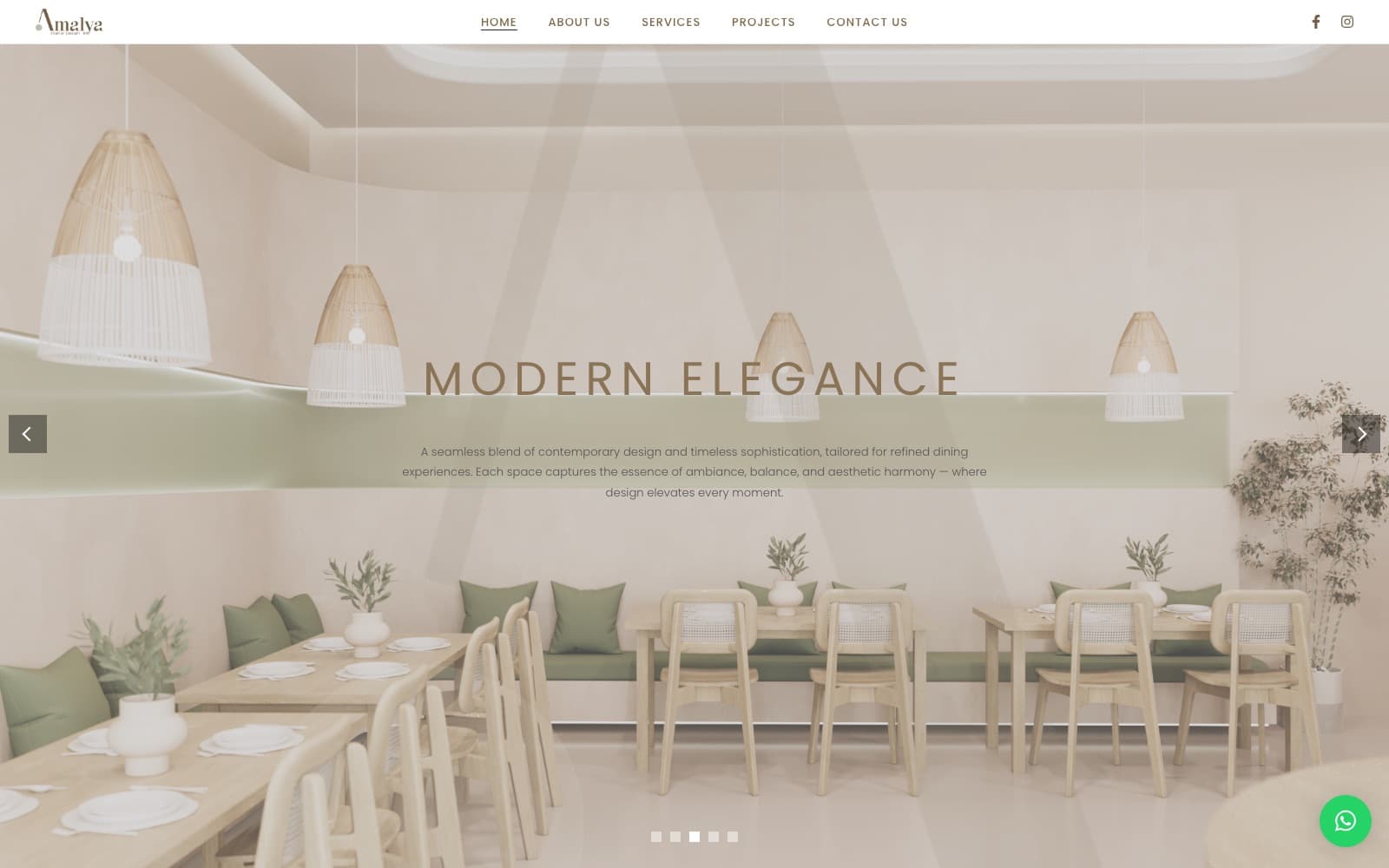 Amalya Interiors homepage slider on the 'Modern Elegance' slide: a warm minimalist restaurant interior with rattan pendant lamps and pale wood tables