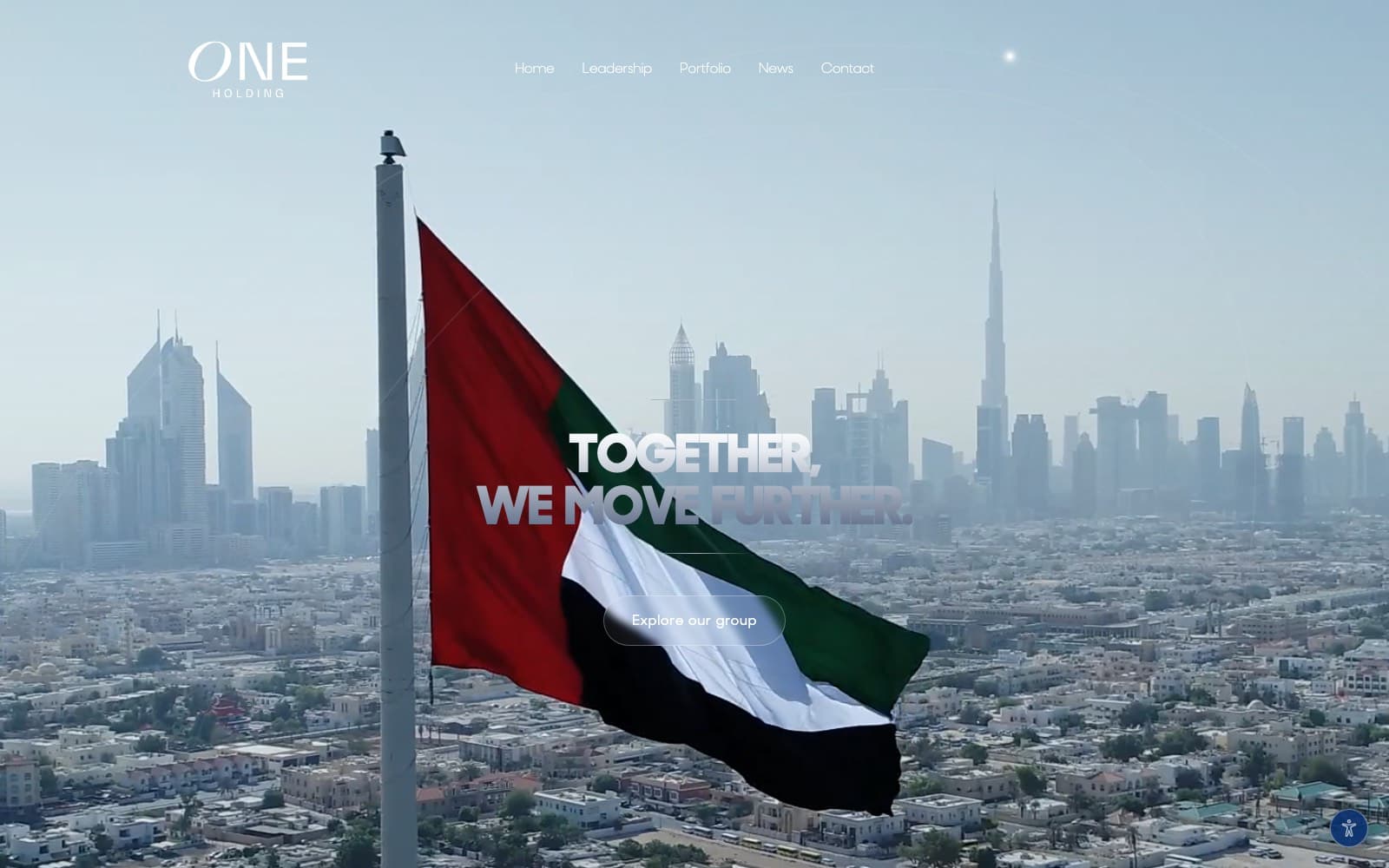 ONE International Holding homepage hero: the UAE flag flying over the Dubai skyline under the headline 'Together, we move further.', with an 'Explore our group' button