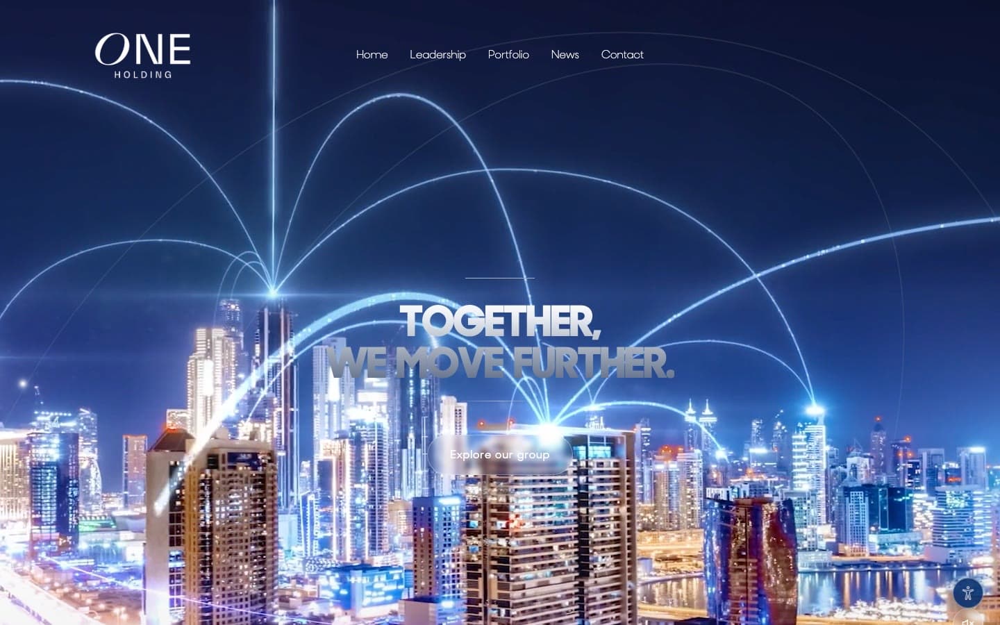 ONE International Holding homepage hero: the Dubai skyline at night laced with arcs of light, under the headline 'Together, we move further.'
