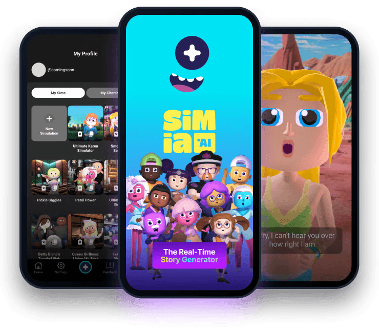 Three simia.ai app screens fanned out: a profile library of generated sims, the 'Real-Time Story Generator' splash with the app's cast of characters, and a 3D character mid-scene with dialogue captions