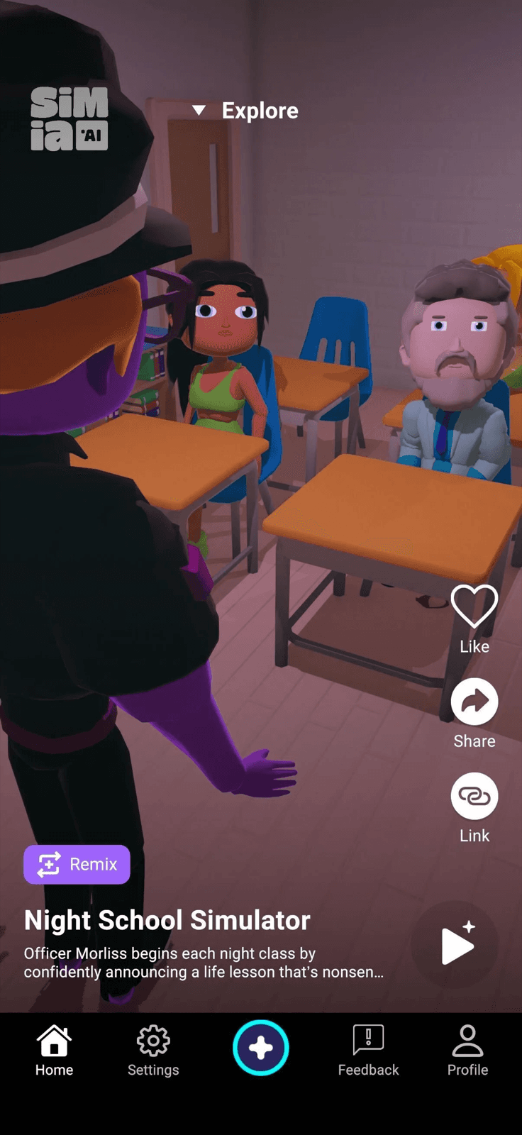 A generated episode playing in the app: 'Night School Simulator', a 3D classroom scene with a costumed character addressing students, with like, share, and remix actions